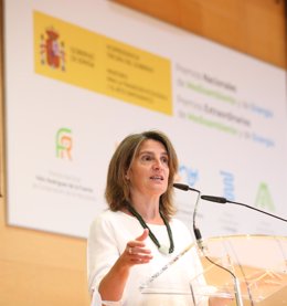 La vicepresidenta tercera y ministra para la Transición Ecológica y el Reto Demográfico, Teresa Ribera, interviene en la entrega de los Premios Nacionales de Energía y Medio Ambiente, en el Salón de actos del complejo Cuzco, a 6 de junio de 2022, en Mad