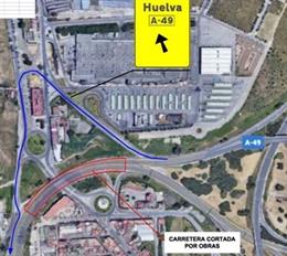 Obras en la A-49, en el nuevo nudo de La Pañoleta, en Camas (Sevilla).