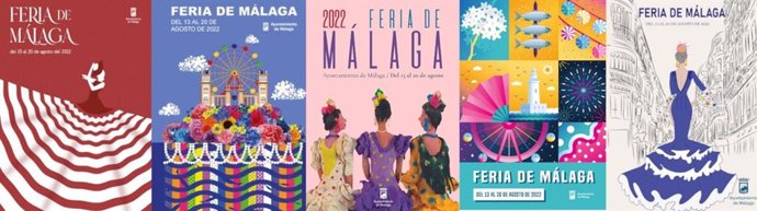Imagen de los cinco carteles finalistas para que la ciudadanía elija su favorito para la Feria de Málaga 2022