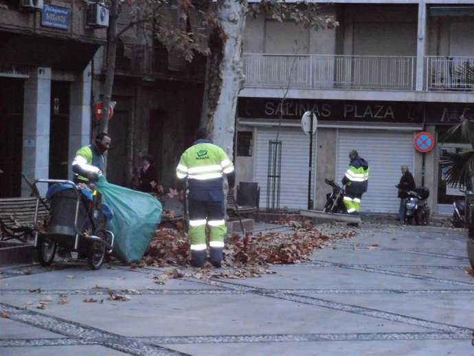 Archivo - Operarios de Inagra retirando hojas de las plazas de Granada, en imagen de archivo