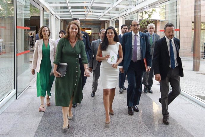 Archivo - Los diputados de Vox en la Asamblea de Madrid: Ana María Cuartero (2i) Rocío Monasterio (3i); José Igancio Arias Moreno (2d) e Íñigo Henríquez de Luna Losada (1d), a su llegada al debate y votación del segundo pleno de la investidura de la can