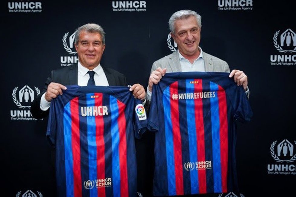 Joan Laporta junto al alto comisionado de la ONU para los Refugiados, Filippo Grandi