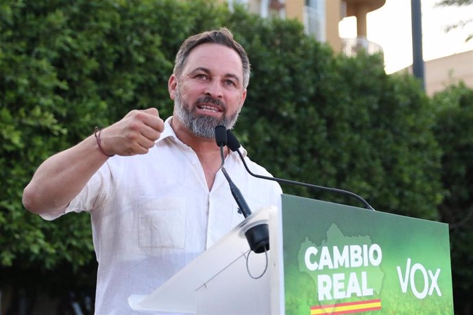El presidente de Vox, Santiago Abascal, en un acto de campaña para los comicios autonómicos del próximo día 19 a 14 de junio 2020 en El Ejido (Andalucía, Almería)