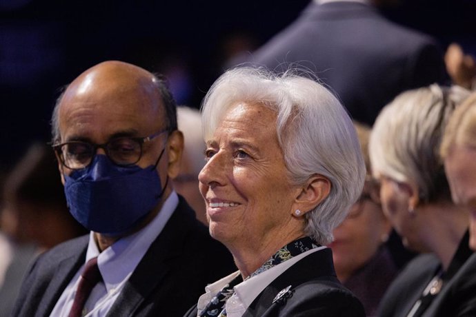 HANDOUT - 26 May 2022, Switzerland, Davos: Christine Lagarde, President of the European Central Bank (ECB), attends an address by German Chancellor Olaf Scholz, at the World Economic Forum Annual Meeting in Davos-Klosters. Photo: Ciaran McCrickard/World