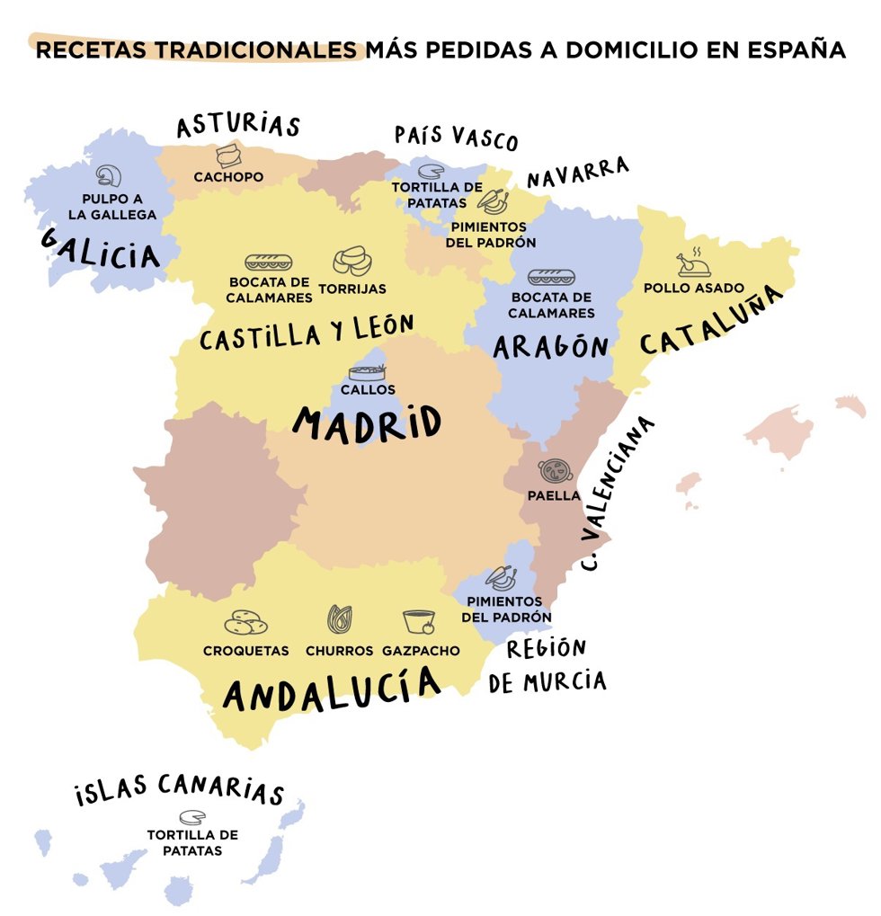 Infografía de España con las recetas tradicionales más pedidas a domicilio
