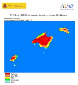 Nivel de riesgo de incendio forestal en Baleares.