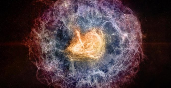 Unas décadas más tarde, el caparazón que rodea a la nebulosa ahora ha alcanzado 10.000 veces el tamaño original de la estrella. Se ha vuelto lo suficientemente delgado como para que las ondas de radio ahora puedan escapar.