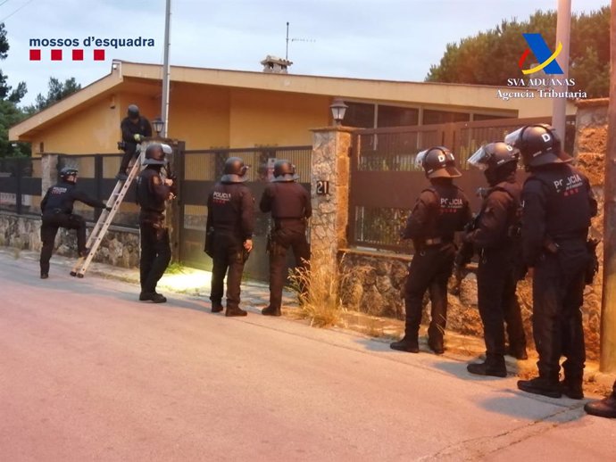 Agentes de Mossos d'Esquadra participan en uno de los 37 vehículos realizados para desmantelar "una de las mayores redes criminales" en Catalunya, dedicada al cultivo y tráfico de marihuana