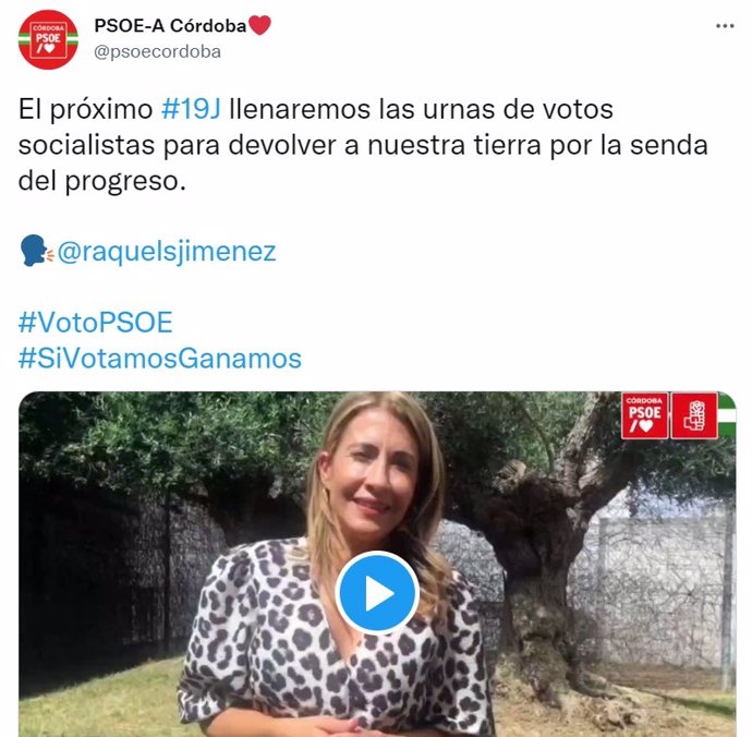 Mensaje en vídeo de la Ministra de Transportes en el Twitter del PSOE de Córdoba.