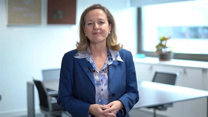 Archivo - La vicepresidenta primera del Gobierno y ministra de Asuntos Económicos y Transformación Digital, Nadia Calviño, en su intervención virtual en el Congreso 8M de Asufin.