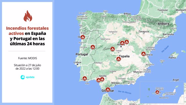 Mapa de los incendios activos en España en las últimas 24 horas
