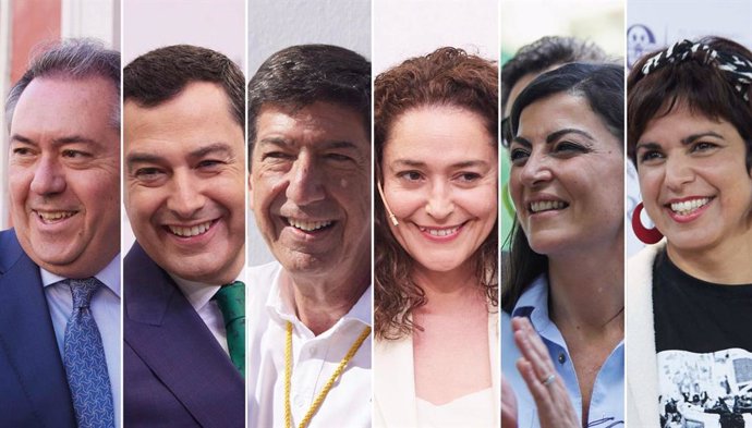 Montaje fotográfico con los candidatos de las elecciones al Parlamento de Andalucía. De izquierda a derecha: Juan Espadas (PSOE), Juan Manuel Moreno (PP), Juan Marín (Ciudadanos), Inmaculada Nieto (Por Andalucía), Macarena Olona (Vox) y Teresa Rodríguez