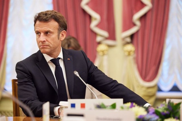 El presidente de Francia, Emmanuel Macron, durante su visita este jueves a Kiev.