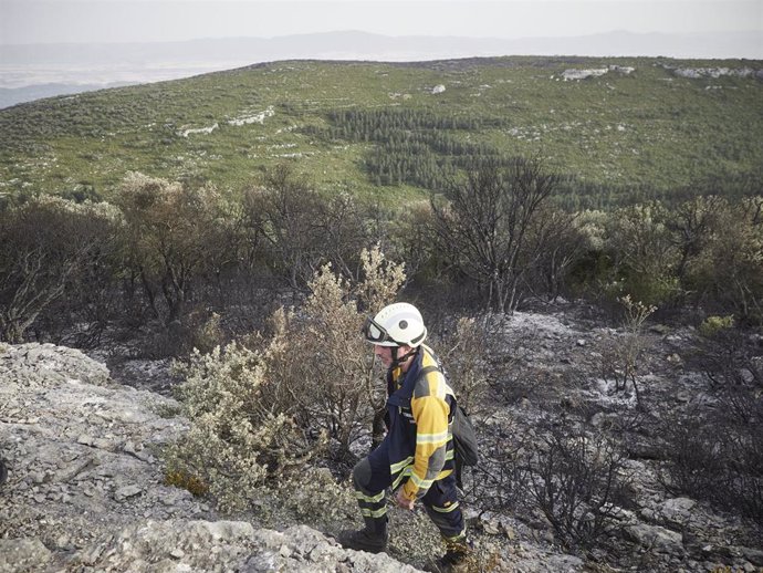 Un bombero de Navarra en el incendio de la sierra de Leyre.