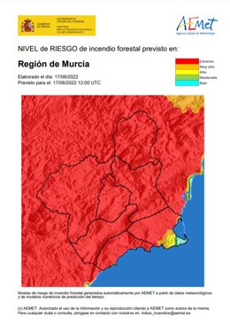 Mapa de nivel de riesgo forestal previsto para el 17 de junio de 2022 en la Región de Murcia