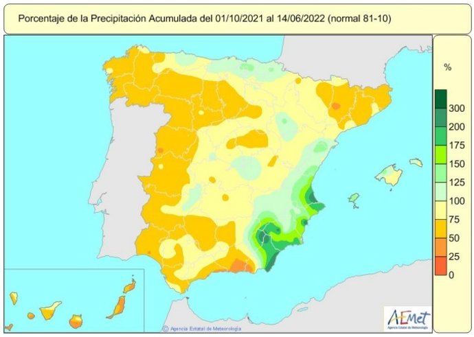 Las lluvias acumulan un 25% de déficit en el conjunto de España entre el 1 de octubre de 2021 hasta el 14 de junio de 2022.