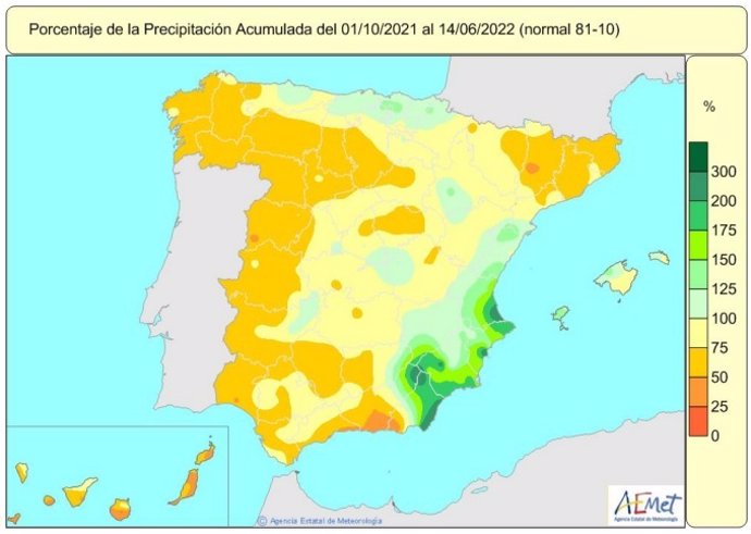 Las lluvias acumulan un 25% de déficit en el conjunto de España entre el 1 de octubre de 2021 hasta el 14 de junio de 2022.