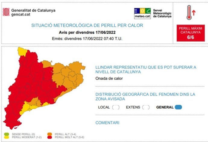 Aviso de riesgo por altas temperaturas en Catalunya, el 17 de junio de 2022.