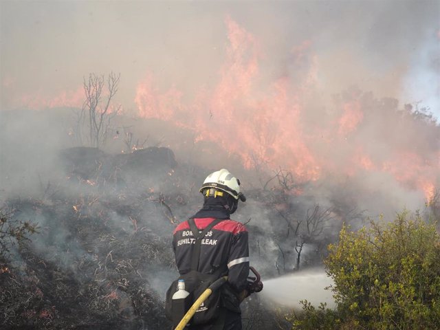 Un bombero echa agua para apagar el incendio de Tafalla