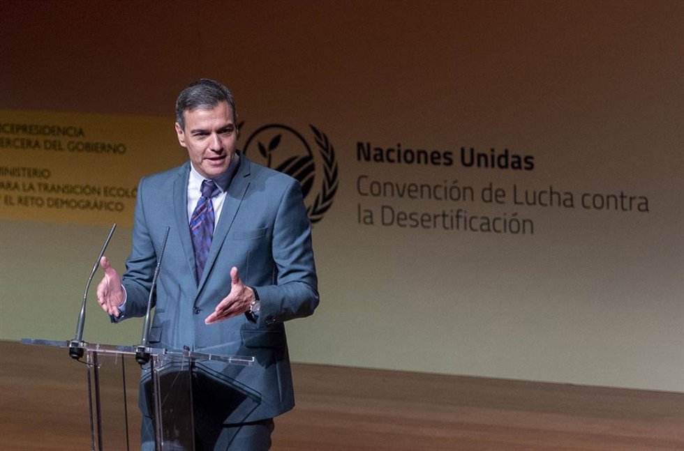 El presidente del Gobierno, Pedro Sánchez, interviene en el acto de inauguración del Día Mundial de Lucha Contra la Desertificación y la Sequía 2022, en el Museo Reina Sofía, a 17 de junio de 2022, en Madrid (España). Madrid acoge el Día Mundial de Luch