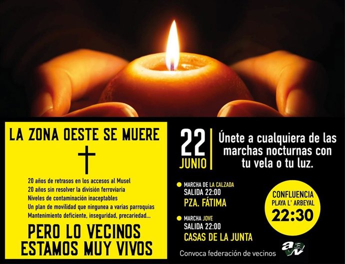 Cartel de las marchas nocturnas organizadas por la Federación Vecinal de Gijón,para reclamar mejoras e inversiones para la zona Oeste