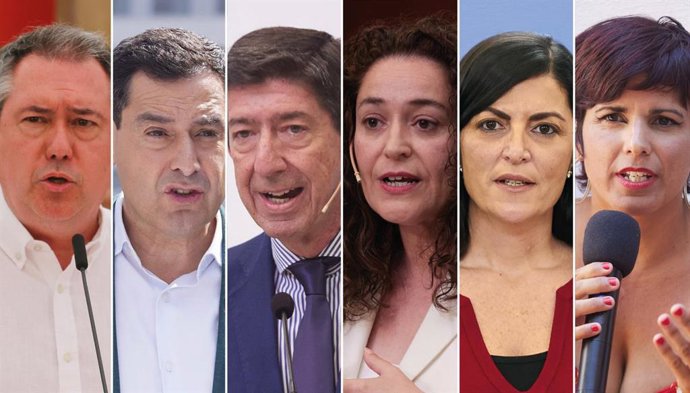 Montaje fotográfico con los candidatos de las elecciones del 19J. De izquierda a derecha: Juan Espadas (PSOE), Juanma Moreno (PP), Juan Marín (C), Inmaculada Nieto (Por Andalucía), Macarena Olona (Vox) y Teresa Rodríguez (Adelante Andalucía). 