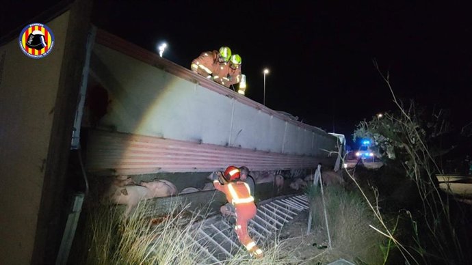 Vuelca un camión en Torrent que transportaba cerdos