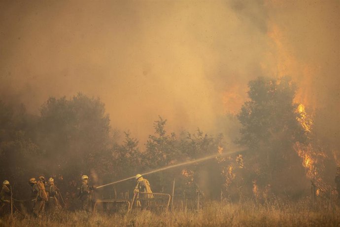 Efectivos de bomberos durante el incendio de la Sierra de la Culebra, a 18 de junio de 2022, en Zamora, Castilla y León (España).