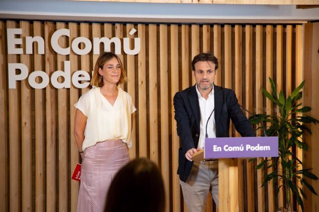 La líder de los comuns en el Parlament, Jéssica Albiach, y el presidente del grupo parlamentario de Unidas Podemos (UP) en el Congreso, Jaume Asens, en rueda de prensa