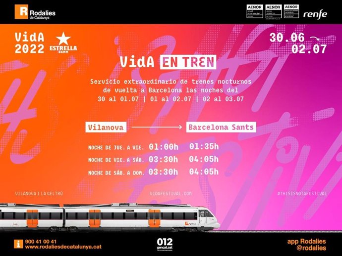 Renfe ser el "transport oficial" del Festival Vida de Vilanova i la Geltrú (Barcelona)