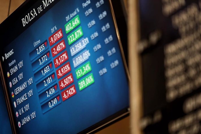 Valores del Ibex 35 en el Palacio de la Bolsa de Madrid, a 15 de junio de 2022, en Madrid (España).