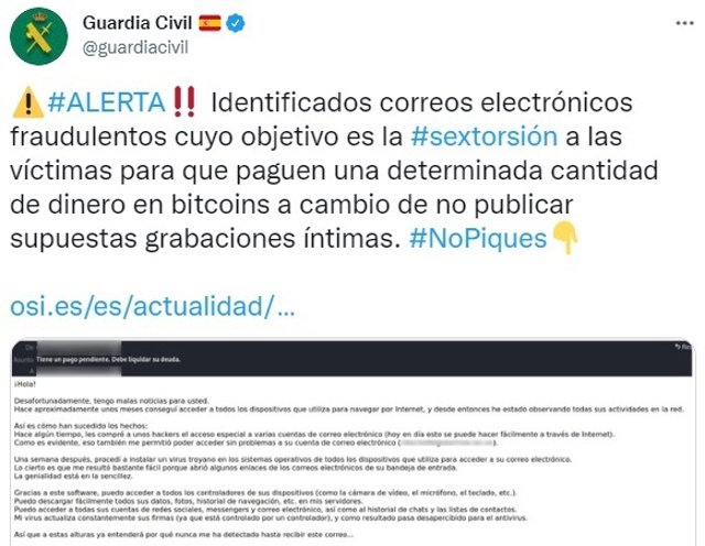 La Guardia Civil advierte sobre múltiples correos que extorsionan a los usuarios con difundir supuestos vídeos íntimos.