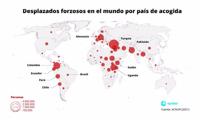Mapa con desplazados forzosos en el mundo en 2021. El Alto Comisionado de Naciones Unidas para los Refugiados (ACNUR) estima que ya son 27,1 millones los refugiados en todo el mundo y 53,2 millones los desplazados internos a causa de la violencia, la pe