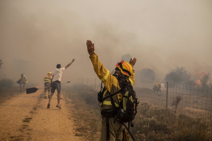 Efectivos de bomberos durante el incendio de la Sierra de la Culebra