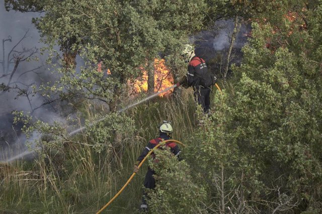 Varios bomberos apagan el fuego que avanza de la zona de Ujué  a Maquírriain, a 19 de junio de 2022, en Maquírriain, Navarra, (España). 