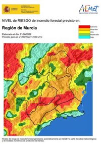 El nivel de riesgo de incendios forestales previsto para este martes en la Región es muy alto o alto