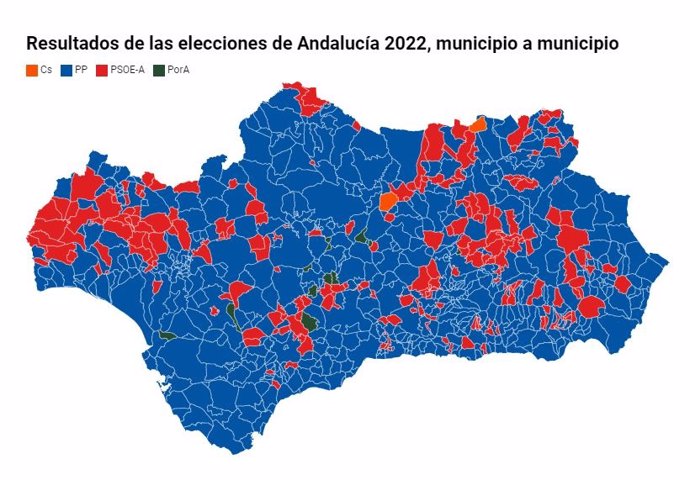 Gráfico con los resultados de las elecciones autonómicas del 19 de junio de 2022 en Andalucía por municipios