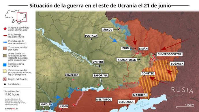 Mapa con la situación de la guerra en el este de Ucrania el 21 de junio de 2022 (Estado a las 11:00 horas). Las autoridades de la autoproclamada república de Lugansk han asegurado a última hora de este lunes que cerca de 20 civiles han salido de la plan