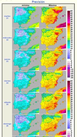 Mapas elaborado por la Aemet sobre sobre la evolución de las temperaturas previstas en CyL esta semana
