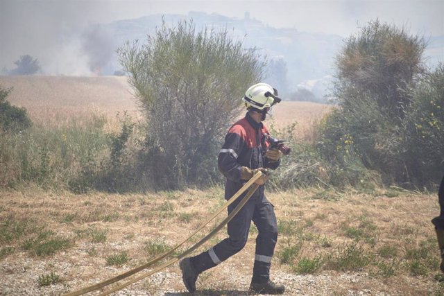 Un bombero durante la extinción del incendio en la comarca de Tafalla