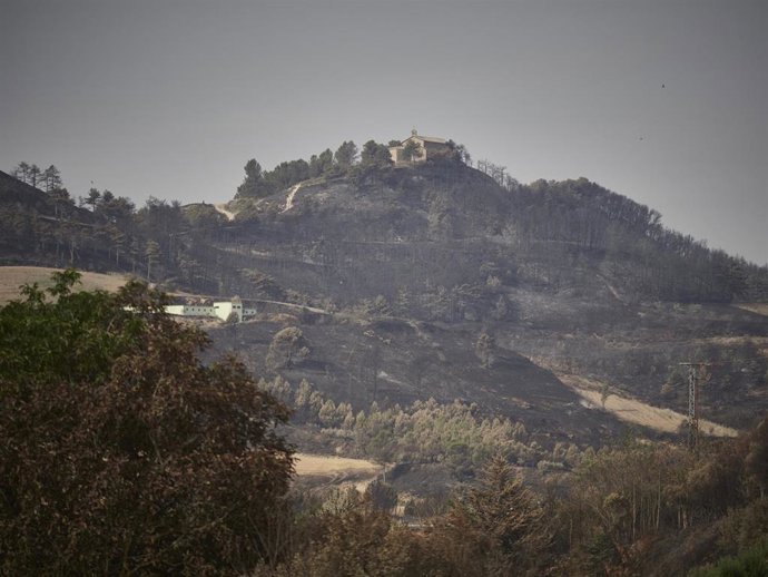 Hectáreas quemadas en el municipio navarro de Obanos, a 21 de junio de 2022, en Obanos, Navarra (España). Desde el pasado 18 de junio, Navarra se ve azotada por los incendios forestales provocados por la ola de calor y otros factores determinantes. El f