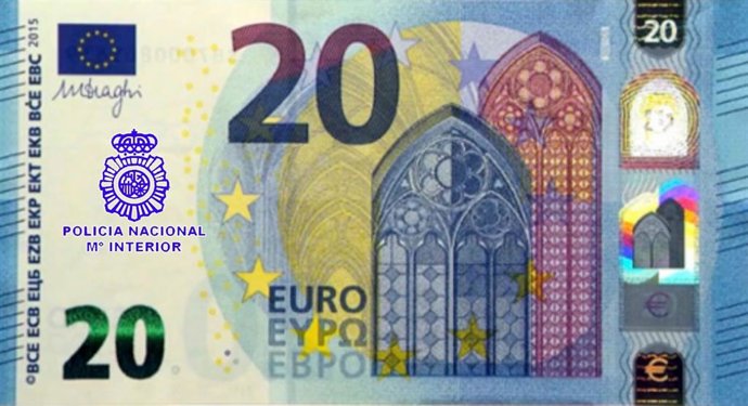 Billete falso de 20 euros intervenido al detenido.