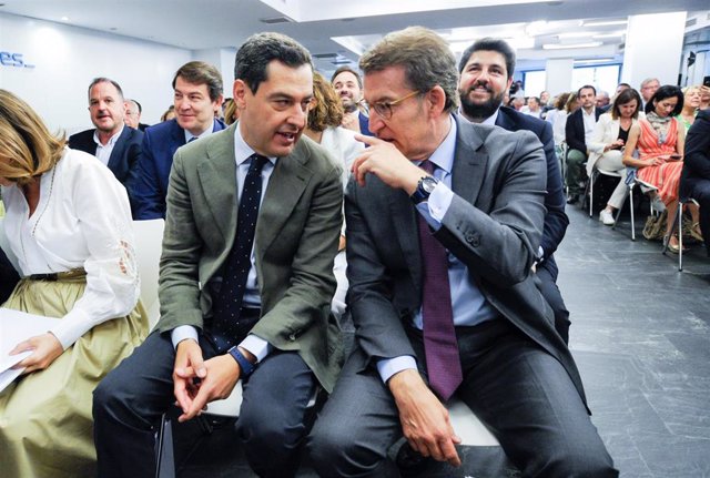 El presidente del PP andaluz y presidente electo de la Junta de Andalucía, Juanma Moreno (i) y el presidente del Partido Popular, Alberto Núñez Feijóo (d), durante una reunión de la Junta Directiva Nacional del PP, en la sede del PP