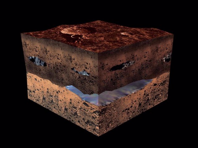 Impresión artística de agua líquida bajo la superficie marciana