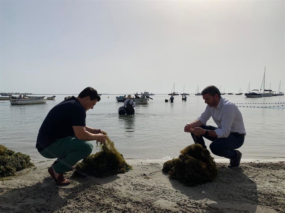 El consejero Antonio Luengo y el alcalde de San Javier, José Miguel Luengo, durante su visita a los trabajos de recogida de biomasa en Santiago de la Ribera.