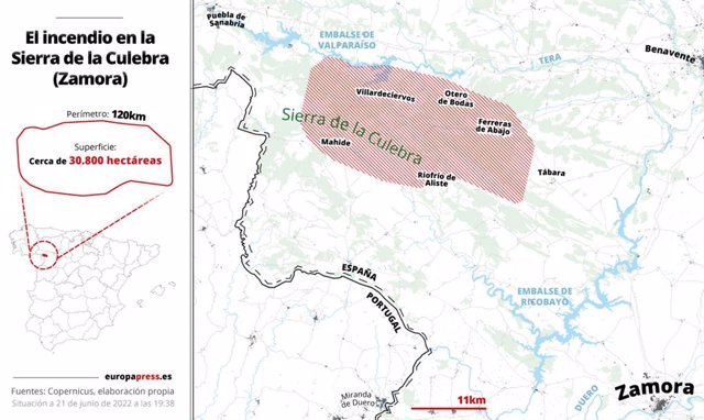 Mapa con la ubicación extensión del incendio en la Sierra de la Culebra (Zamora). El incendio en la Sierra de la Culebra, en la provincia de Zamora, afecta a cerca de 30.800 hectáreas y un perímetro de 120 kilómetros.