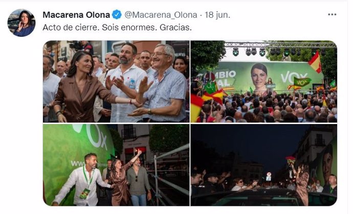 Mensaje difundido por la candidata de Vox a la Presidencia de la Junta de Andalucía, Macarena Olona, en su cuenta oficial de Twitter durante la jornada de reflexión de las elecciones autonómicas del 19 de junio