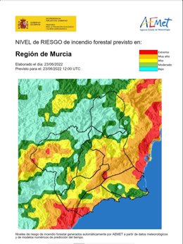 Nivel de riesgo forestal en la Región de Murcia correspondiente al 23 de junio de 2022