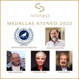 Imagen de los galardonados con las Medallas 2022 que otorgará el Ateneo de Málaga el próximo 25 de junio