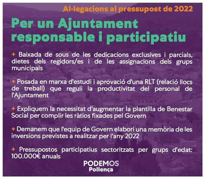 Presentación de alegaciones por parte de Unidas Podemos a los presupuestos del Ayuntamiento de Pollena.